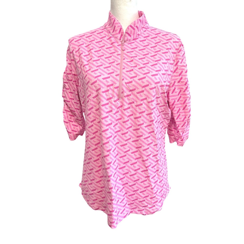 IBKUL Pink Geometric Ruched Sleeve UPF 50+ Quarter Zip Sun Shirt Womens Large